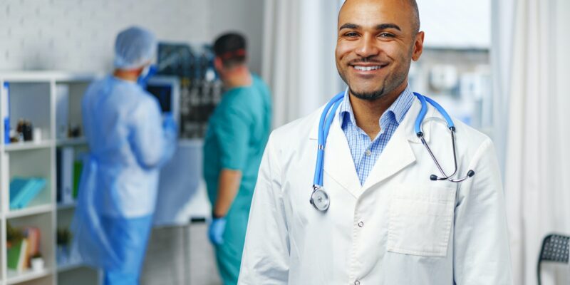 Portrait of african american doctor in hospital