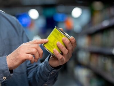 Close-up of person in grocery store examining product label on canned food with focus on details